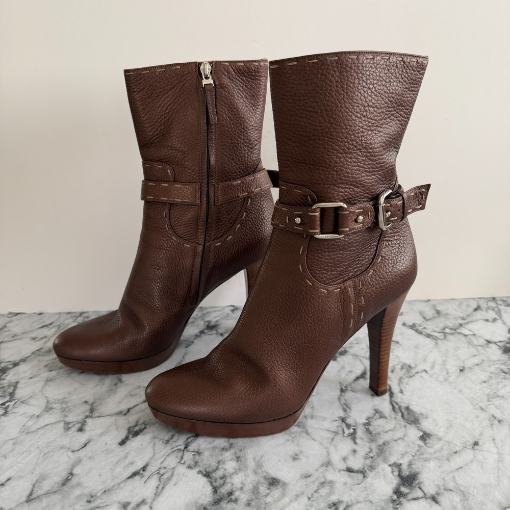 Fendi Italy Brown Pebbled Leather Whipstitch Ankle Buckle Boots Platform 41 (11) - Picture 2 of 16